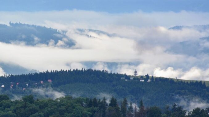 Výhled na rozhlednu Maruška z Kelčského Javorníku, Zlínský kraj. Foto: Zdeněk Urbanovský