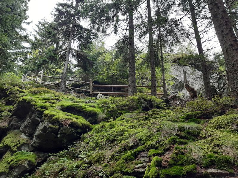 Stezka s dřevěným zábradlím vedoucí na vrchol Rolandova kamene. Foto: Anna Petruželková