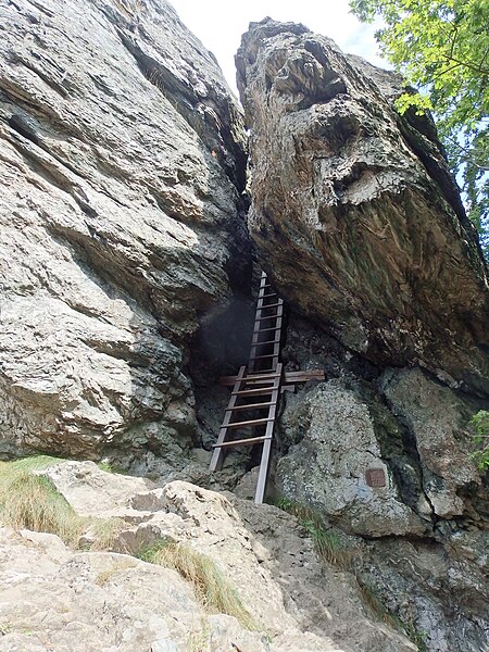 Přírodní rezervace Rabštejn, Zadní skály, žebřík na vrchol. Autor: Palickap, licence CC BY-SA 4.0. Zdroj: Wikimedia Commons