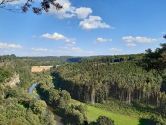 Výhled z Grázlovy vyhlídky do údolí řeky Dyje. Jihomoravský kraj, okres Znojmo. Foto: Anna Petruželková