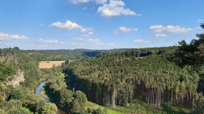 Výhled z Grázlovy vyhlídky do údolí řeky Dyje. Jihomoravský kraj, okres Znojmo. Foto: Anna Petruželková