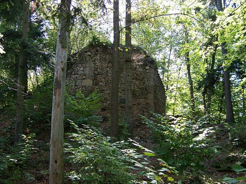 Hrad Příběnice, osmiboká věž. Zdroj foto: https://commons.wikimedia.org/ŠJů/licence CC BY-SA 3.00, upravena velikost