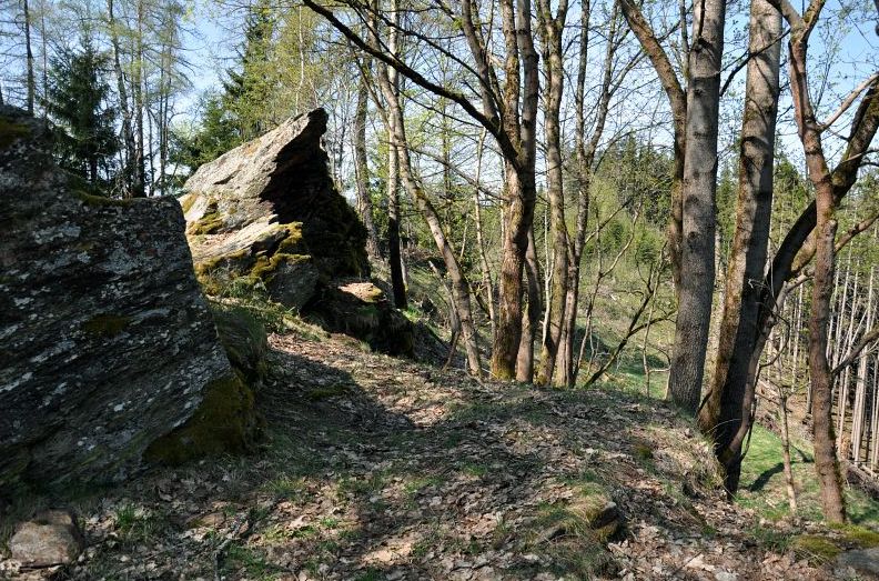Zaniklý hrad Kraslice – jižní skalnatá část vrcholu Hradiště (Hausberg). Foto: Petr Fabian. Zdroj: <a href="http://www.hrady-zriceniny.cz">Hrady-zříceniny.cz</a>