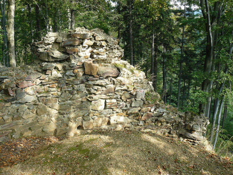 Zbytky hradební zdi.