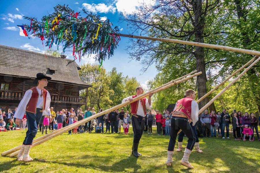 Stavění máje ve Valašské dědině. Foto: Jan Kolář. Zdroj: Národní muzeum v přírodě