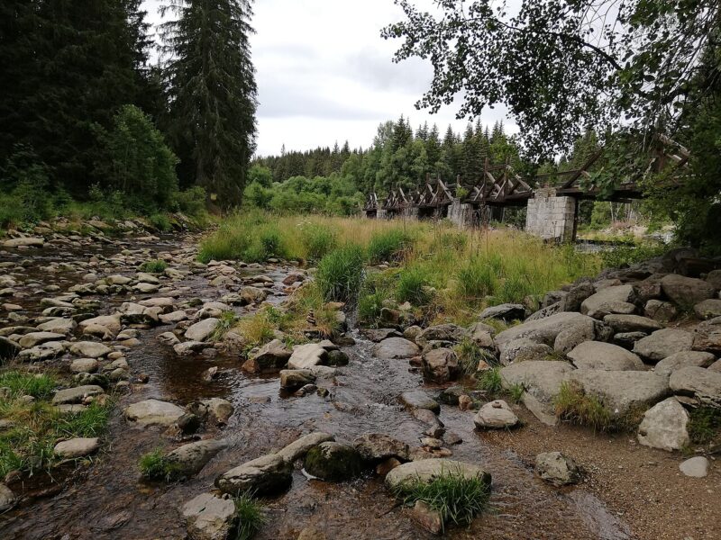 Hradlový most Rechle u Modravy na Šumavě. Autor: Mojmir Churavy, licence CC BY-SA 4.0. Zdroj: <a href="https://commons.wikimedia.org/wiki/File:Hradlovy.Most.Rechle.Modrava.Z.Leveho.Brehu.Vydry.jpg">wikimedia commons</a>