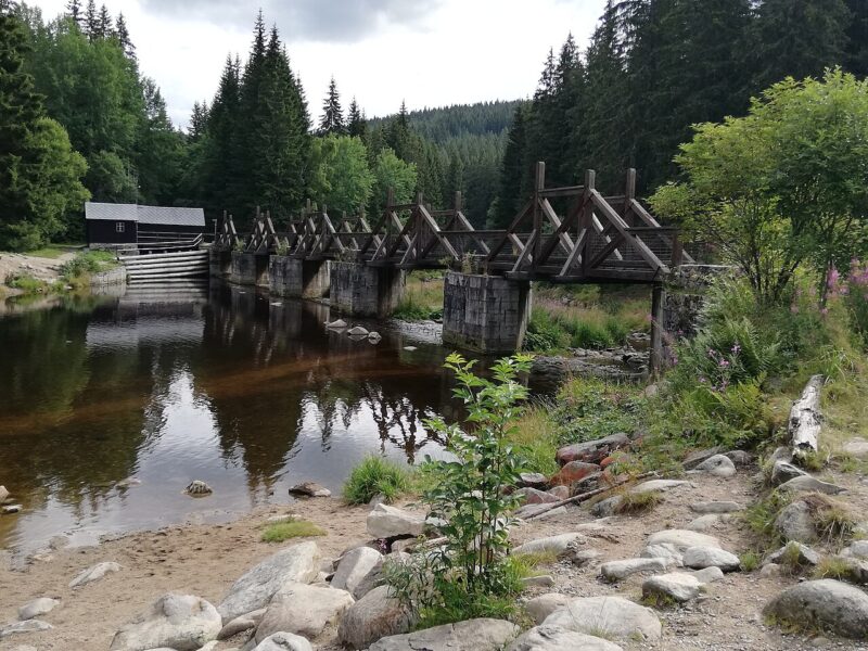 Hradlový most Rechle u Modravy na Šumavě. Autor: Mojmir Churavy, licence CC BY-SA 4.0. Zdroj: <a href="https://commons.wikimedia.org/wiki/File:Hradlovy.Most.Rechle.Modrava.Z.Praveho.Brehu.Vydry.jpg">wikimedia commons</a>