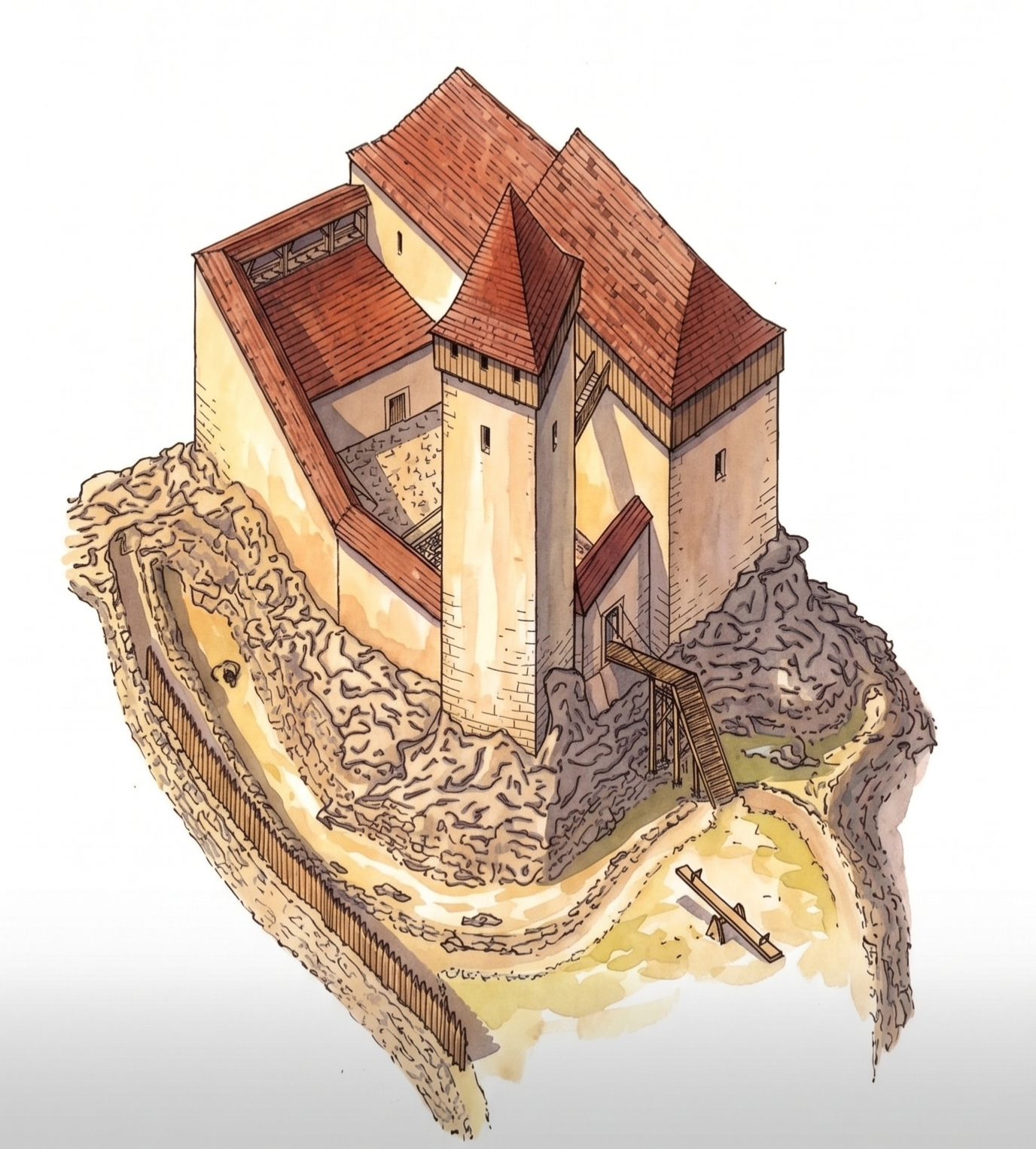 Hrad Orlík, pravděpodobná podoba přelomu 14. a 15. století. Vysoká věž v čele. Zdroj: Petr Digrin.