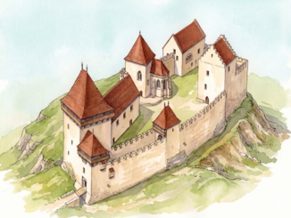 Hrad Lipnice na počátku 14. století. V čele velká věž, v pozadí původní palác. Zdroj: Marek Hanzlík, kresba Petr Digrin