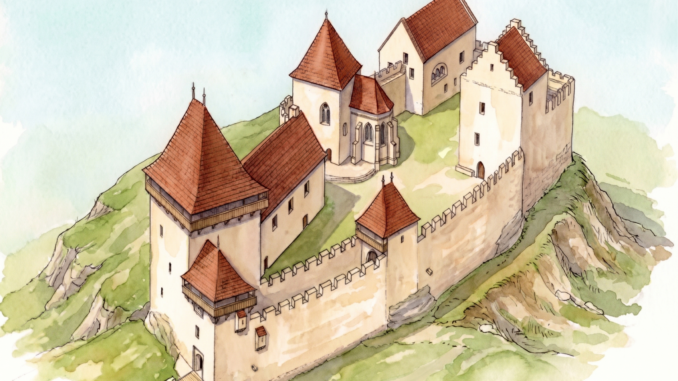 Hrad Lipnice na počátku 14. století. V čele velká věž, v pozadí původní palác. Zdroj: Marek Hanzlík, kresba Petr Digrin