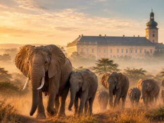 Interaktivní výstava Po stopách slonů proměňuje zámek v Doksech v symbolickou bránu do africké divočiny. Fotoilustrace: AI