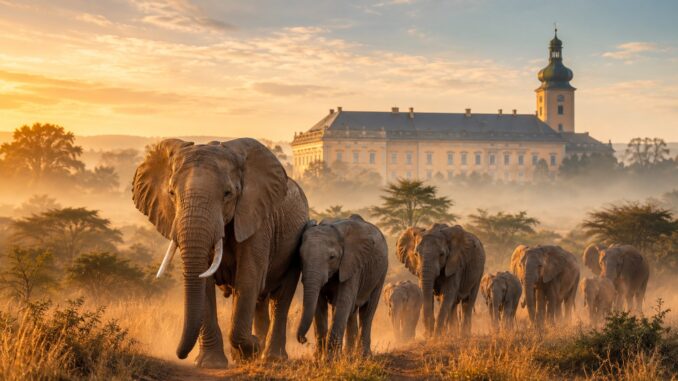 Interaktivní výstava Po stopách slonů proměňuje zámek v Doksech v symbolickou bránu do africké divočiny. Fotoilustrace: AI