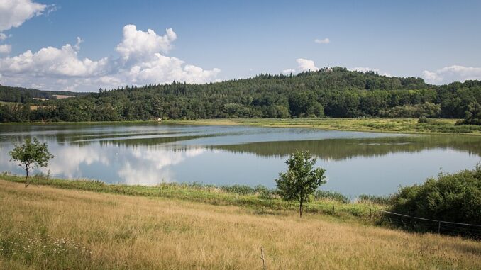 Pohled přes vodní nádrž Klabava na zalesněný horizont. Autor: Blumenbiene, Licence CC BY-SA 2.0 Zdroj: via Wikimedia Commons